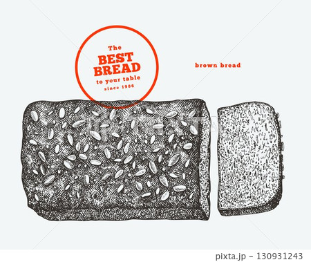 Hand Drawn Vector Whole Grain Bread Illustration. Not AI Generated. Retro Bakery Isolated Image. Old School Food Design 130931243