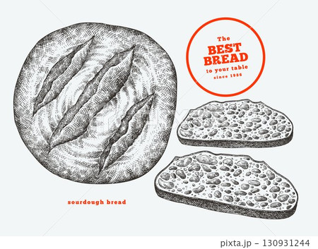 Hand Drawn Vector Sourdough Bread Illustration. Not AI Generated. Retro Bakery Isolated Image. Old School Food Design 130931244