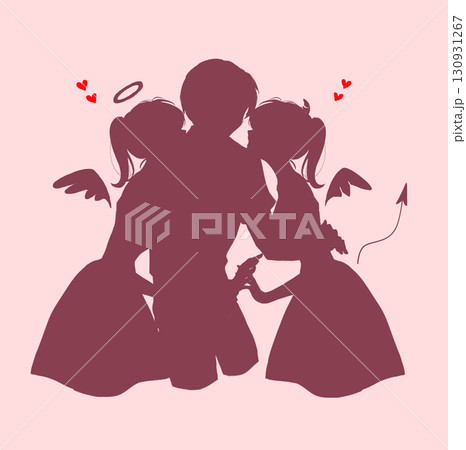 天使と悪魔に挟まれている男性　シルエット 130931267