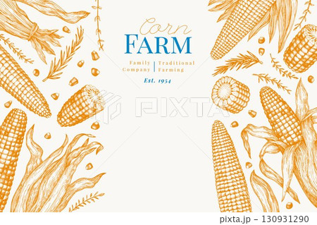 Hand Drawn Vector Sweet Corn Illustration. Not AI Generated. Autumn Seasonal Background. Fall Season Farm Banner. Vintage Harvest Design Template. Hand Drawn Vector Sweet Corn Illustration. Not AI Generated. Autumn Seasonal Background. Fall Season Farm Banner. Vintage Harvest Design Template. 130931290