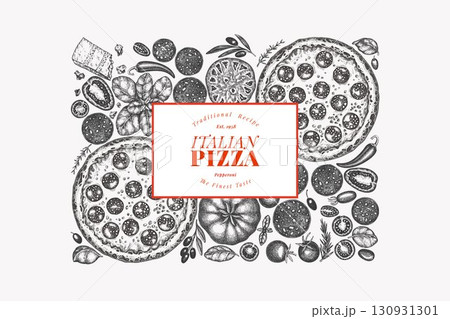 Hand Drawn Vector Pizza Illustration. Not AI Generated. Retro Pepperoni Pizza Design Template. Old School Italian Food Hand Drawn Vector Pizza Illustration. Not AI Generated. Retro Pepperoni Pizza Design Template. Old School Italian Food 130931301