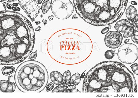 Hand Drawn Vector Pizza Illustration. Not AI Generated. Retro Margarita Pizza Design Template. Old School Italian Food Background 130931316
