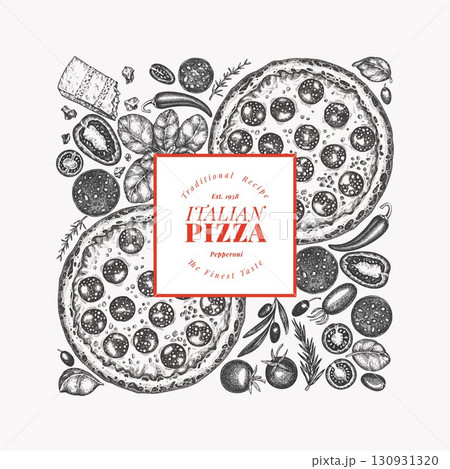 Hand Drawn Vector Pizza Illustration. Not AI Generated. Retro Pepperoni Pizza Design Template. Old School Italian Food 130931320