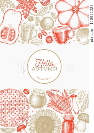 Hand Drawn Vector Autumn Illustration. Not AI Generated. Thanksgiving Background. Fall Season Cozy Mood Banner. Vintage Design Template. Hand Drawn Vector Autumn Illustration. Not AI Generated. Thanksgiving Background. Fall Season Cozy Mood Banner. Vintage Design Template. 130931325