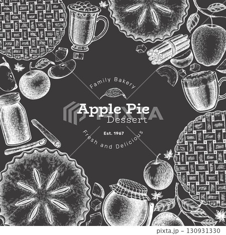 Hand Drawn Vector Apple Pie Illustration. Not AI Generated. Autumn Seasonal Chalk Board Background. Fall Season Cozy Mood Banner. Vintage Harvest Design Template. 130931330