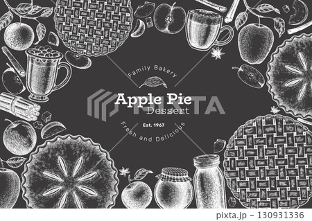 Hand Drawn Vector Apple Pie Illustration. Not AI Generated. Autumn Seasonal Chalk Board Background. Fall Season Cozy Mood Banner. Vintage Harvest Design Template. 130931336