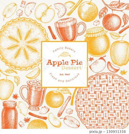 Hand Drawn Vector Apple Pie Illustration. Not AI Generated. Autumn Seasonal Background. Fall Season Cozy Mood Banner. Vintage Harvest Design Template. 130931338