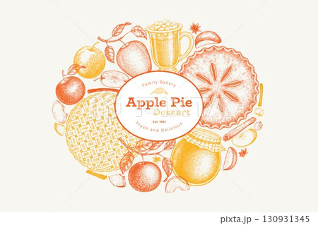 Hand Drawn Vector Apple Pie Illustration. Not AI Generated. Autumn Seasonal Background. Fall Season Cozy Mood Banner. Vintage Harvest Design Template. 130931345