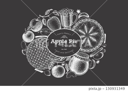 Hand Drawn Vector Apple Pie Illustration. Not AI Generated. Autumn Seasonal Chalk Board Background. Fall Season Cozy Mood Banner. Vintage Harvest Design Template. Hand Drawn Vector Apple Pie Illustration. Not AI Generated. Autumn Seasonal Chalk Board Background. Fall Season Cozy Mood Banner. Vintage Harvest Design Template. 130931349