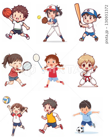 サッカーやバスケ、テニスなどのスポーツをする子どもたちのイラスト 130931372