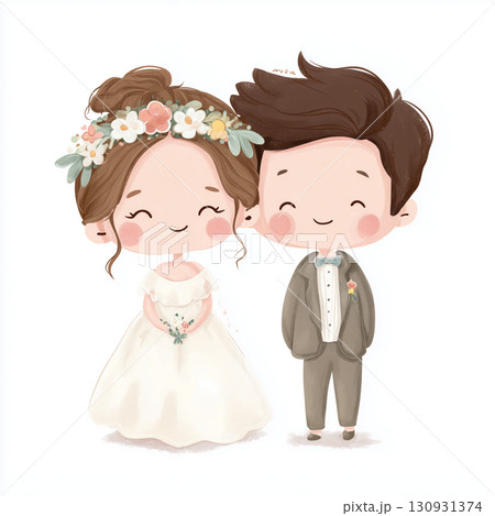 ウエディングドレスを着た新婦とタキシードを着た新郎のイラスト ウエディングドレスを着た新婦とタキシードを着た新郎のイラスト 130931374