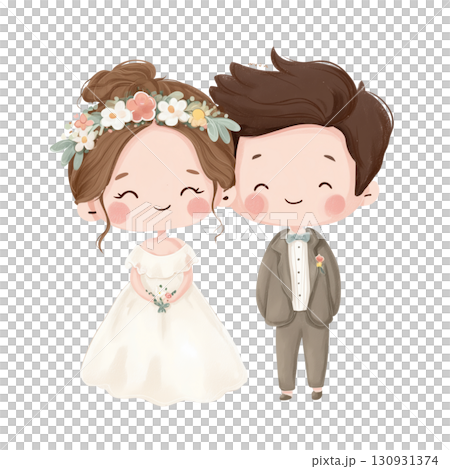 ウエディングドレスを着た新婦とタキシードを着た新郎のイラスト ウエディングドレスを着た新婦とタキシードを着た新郎のイラスト 130931374