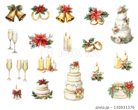 クリスマスウエディング向け、ケーキとクリスマスのかわいいイラストセット 130931376