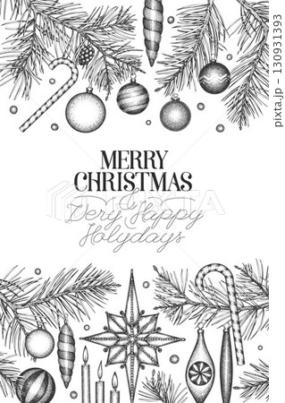 Christmas Hand Drawn Vector Greeting Card Design Template. Vintage Style Botanical Illustration. Winter Holidays Plants Xmas Banner. Christmas Hand Drawn Vector Greeting Card Design Template. Vintage Style Botanical Illustration. Winter Holidays Plants Xmas Banner. 130931393
