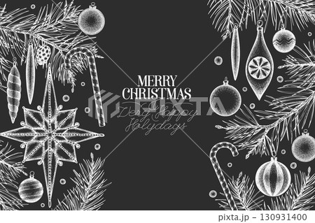 Christmas Hand Drawn Vector Chalk Board Design Template. Vintage Style Botanical Illustration. Winter Holidays Plants Xmas Banner. Christmas Hand Drawn Vector Chalk Board Design Template. Vintage Style Botanical Illustration. Winter Holidays Plants Xmas Banner. 130931400