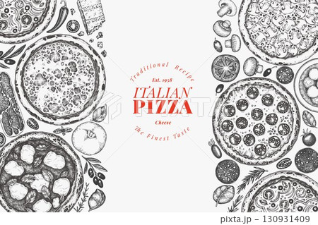 Hand Drawn Vector Pizza Design Template. Not AI Generated Illustration. Retro Pizza Banner. Old School Italian Food Background Hand Drawn Vector Pizza Design Template. Not AI Generated Illustration. Retro Pizza Banner. Old School Italian Food Background 130931409