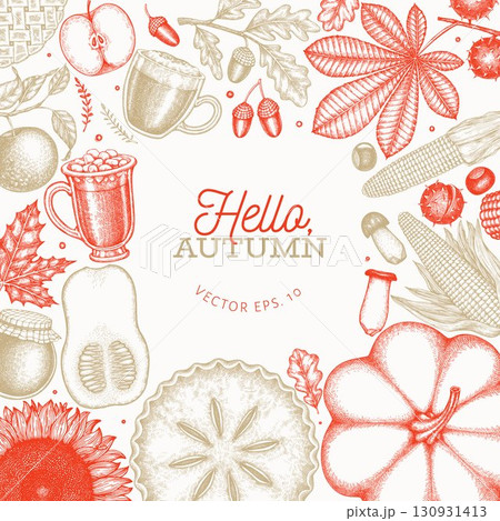 Hand Drawn Vector Autumn Illustration. Not AI Generated. Thanksgiving Background. Fall Season Cozy Mood Banner. Vintage Design Template. Hand Drawn Vector Autumn Illustration. Not AI Generated. Thanksgiving Background. Fall Season Cozy Mood Banner. Vintage Design Template. 130931413