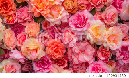Bright and colorful close-up of pink and orange roses in full bloom creating a lush floral pattern 130931480