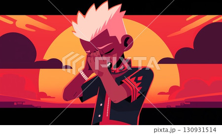 Solemn boy in contemplation against a vivid sunset backdrop 130931514