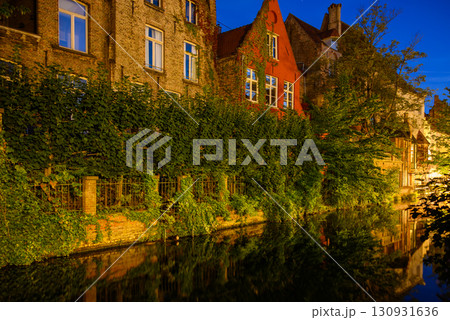 Night view of Historical Medieval Old Town and UNESCO World Culture Heritage site of Bruges in West Flanders, Belgium 130931636