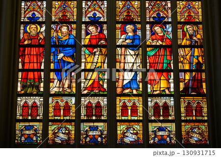 Stained glass windows in the Saint Salvator Cathedral main Roman Catholic gothic church in Bruges, Belgium Stained glass windows in the Saint Salvator Cathedral main Roman Catholic gothic church in Bruges, Belgium 130931715