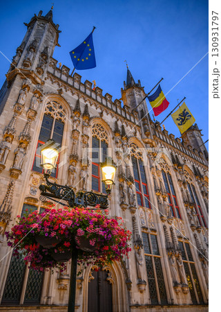 Evening view of Historic Bruges City Hall building on Burg Square in Bruges, West Flanders, Belgium 130931797