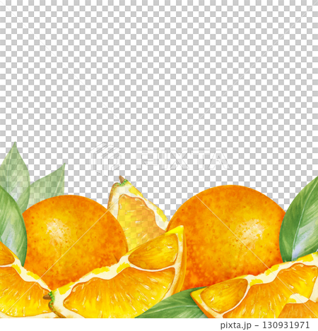 Watercolor fruit border. A hand-drawn illustration of whole oranges and slices and leaves isolated on a white background. A botanical frame with juicy seasonal fruits. 130931971
