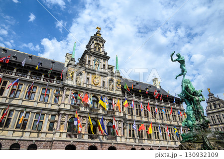 Brabo Fountain sculpture in front of the City Hall in the Grote Markt main square of Antwerp, Belgium 130932109
