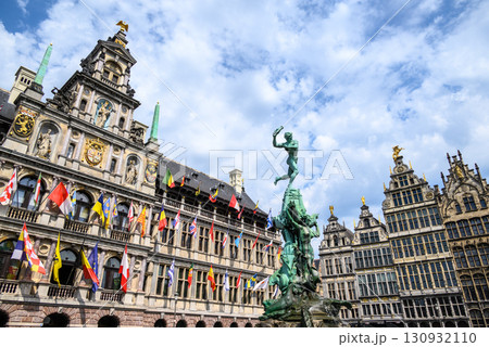 Brabo Fountain sculpture in front of the City Hall in the Grote Markt main square of Antwerp, Belgium 130932110