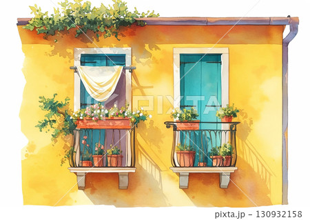Beautifully painted, charming balcony scene with vibrant flowers and lush greenery on a sunny day 130932158