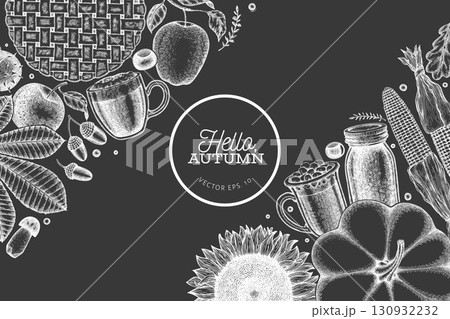 Hand Drawn Vector Autumn Illustration. Not AI Generated. Thanksgiving Chalk Board Background. Fall Season Cozy Mood Banner. Vintage Design Template. Hand Drawn Vector Autumn Illustration. Not AI Generated. Thanksgiving Chalk Board Background. Fall Season Cozy Mood Banner. Vintage Design Template. 130932232