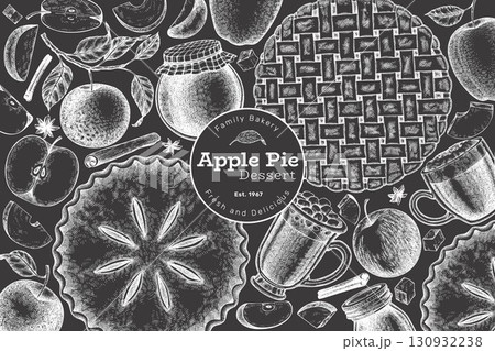 Hand Drawn Vector Apple Pie Illustration. Not AI Generated. Autumn Seasonal Chalk Board Background. Fall Season Cozy Mood Banner. Vintage Harvest Design Template. Hand Drawn Vector Apple Pie Illustration. Not AI Generated. Autumn Seasonal Chalk Board Background. Fall Season Cozy Mood Banner. Vintage Harvest Design Template. 130932238