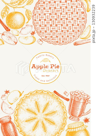 Hand Drawn Vector Apple Pie Illustration. Not AI Generated. Autumn Seasonal Background. Fall Season Cozy Mood Banner. Vintage Harvest Design Template. 130932239