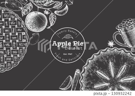 Hand Drawn Vector Apple Pie Illustration. Not AI Generated. Autumn Seasonal Chalk Board Background. Fall Season Cozy Mood Banner. Vintage Harvest Design Template. Hand Drawn Vector Apple Pie Illustration. Not AI Generated. Autumn Seasonal Chalk Board Background. Fall Season Cozy Mood Banner. Vintage Harvest Design Template. 130932242