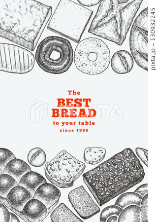 Hand Drawn Vector Bakery Illustration. Not AI Generated. Retro Bread Kinds Design Template. Old School Baking Products Hand Drawn Vector Bakery Illustration. Not AI Generated. Retro Bread Kinds Design Template. Old School Baking Products 130932245