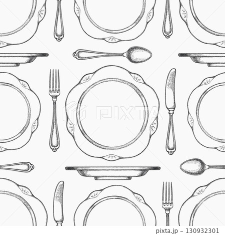 Vintage Hand Drawn Vector Seamless Pattern of Cutlery. Not AI Generated.  Fork Spoon Knife Plate Kitchen Utensils Old Style Illustration 130932301