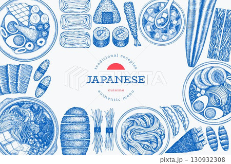 Japanese Cuisine Vector Design Template. Asian Dishes Hand Drawn Background. Retro Japan Traditional Food Illustration. 130932308