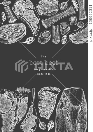 Butchery Shop Chalk Board Design Template. Vector Hand Drawn Meat Banner. Vintage Style Bar B Q Menu Illustration. 130932311