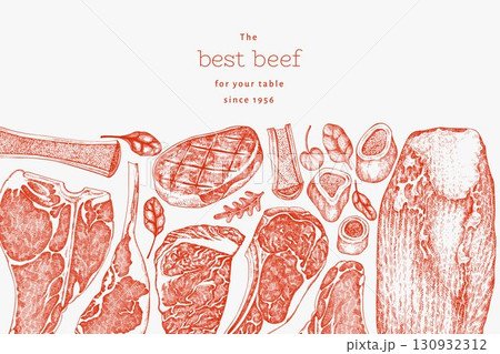 Butchery Shop Design Template. Vector Hand Drawn Meat Banner. Vintage Style Bar B Q Menu Illustration. Butchery Shop Design Template. Vector Hand Drawn Meat Banner. Vintage Style Bar B Q Menu Illustration. 130932312