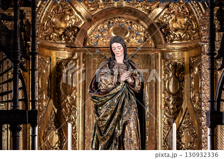 Interior religious details in the Seville Cathedral of Saint Mary of the See in Seville, Andalusia, Spain 130932336