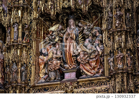 Interior religious details in the Seville Cathedral of Saint Mary of the See in Seville, Andalusia, Spain 130932337