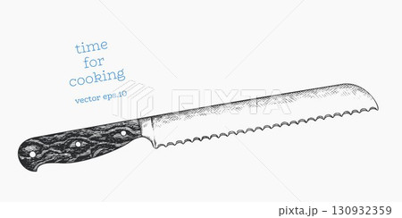 Hand Drawn Vintage Vector Illustration of Bread Knife Serrated Kitchen Utensil Not AI Generated Hand Drawn Vintage Vector Illustration of Bread Knife Serrated Kitchen Utensil Not AI Generated 130932359