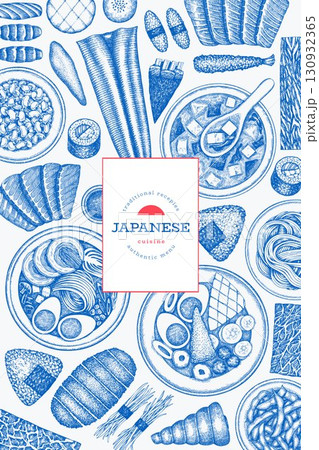 Japanese Cuisine Vector Design Template. Asian Dishes Hand Drawn Background. Retro Japan Traditional Food Illustration. Japanese Cuisine Vector Design Template. Asian Dishes Hand Drawn Background. Retro Japan Traditional Food Illustration. 130932365