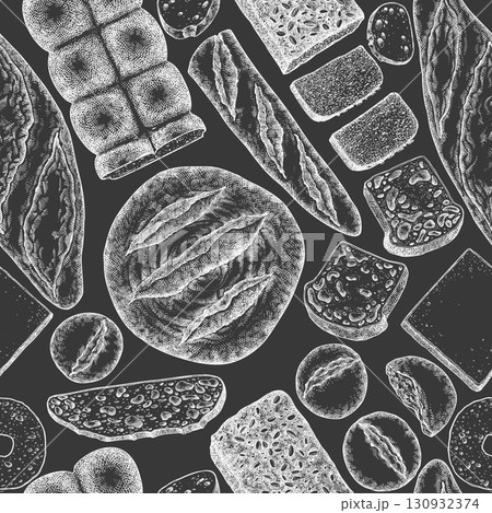 Hand Drawn Vector Bakery Seamless Pattern. Not AI Generated. Retro Chalk Board Bread Kinds Background. Old School Baking Products Illustration Hand Drawn Vector Bakery Seamless Pattern. Not AI Generated. Retro Chalk Board Bread Kinds Background. Old School Baking Products Illustration 130932374