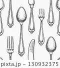 Vintage Hand Drawn Vector Seamless Pattern of Cutlery. Not AI Generated. Retro Fork  Spoon Knife Engraved Kitchen Utensils Old Style Illustration 130932375