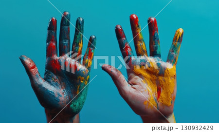 Hands Covered In Rainbow Paint Splatters Hands Covered In Rainbow Paint Splatters 130932429