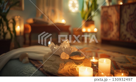 Serene and softly lit retreat room is adorned with crystals, candles Serene and softly lit retreat room is adorned with crystals, candles 130932497