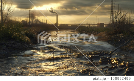 A Photorealistic Scene Of A Chemical Spill In A River 130932499
