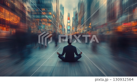 Busy city street with a single person meditating 130932564