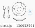 Vintage Hand Drawn Vector Illustration of Cutlery Fork Spoon Plate Tableware Not AI Generated. Retro Engraved Utensils 130932591